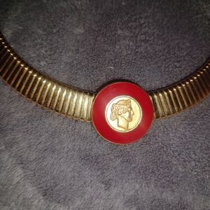 Vtg Monet Gold Tone Snake Chain Victorian Greek Pendant Red Enamel Necklace